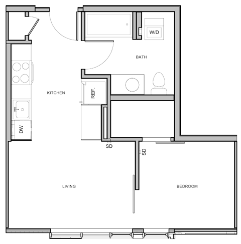 Floor plan for 1 bed, 1 bath, 538 sqft